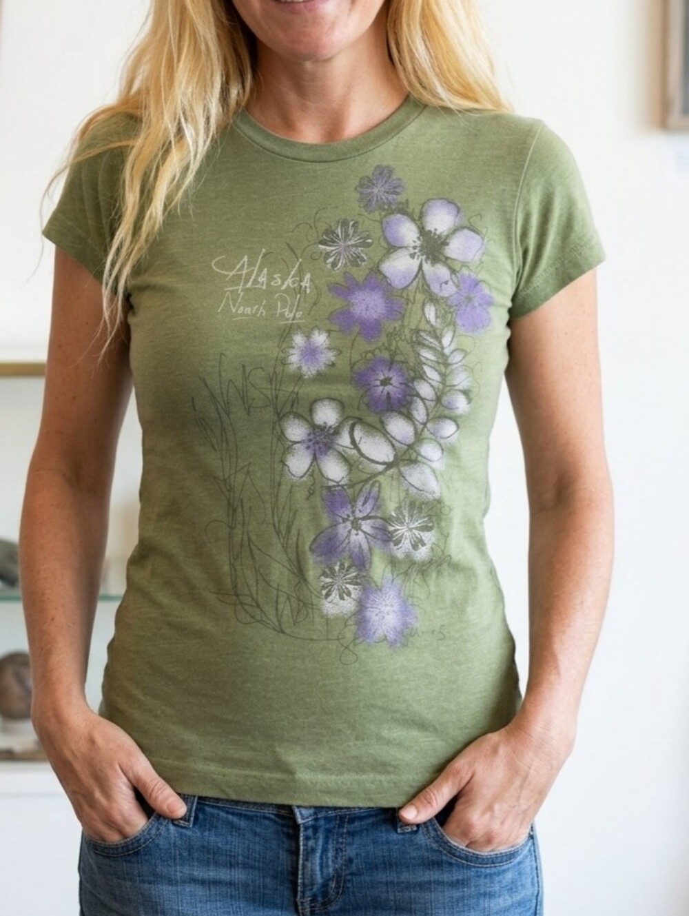 Y2K Baby Tee North Pole Floral Graphic Band Tee NOS NWT, Olive Green, S, XS Rare